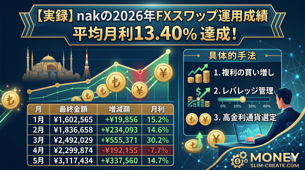 【実録】nakの2026年FXスワップ運用成績：平均月利13.40％を実現した具体的な手法